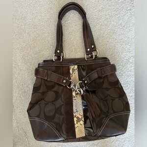 Coach Signature Hampton Bag - Brown with Snakeskin Trim